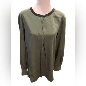 Tory Burch Chic Olive Green Blouse with Black Trim size 10